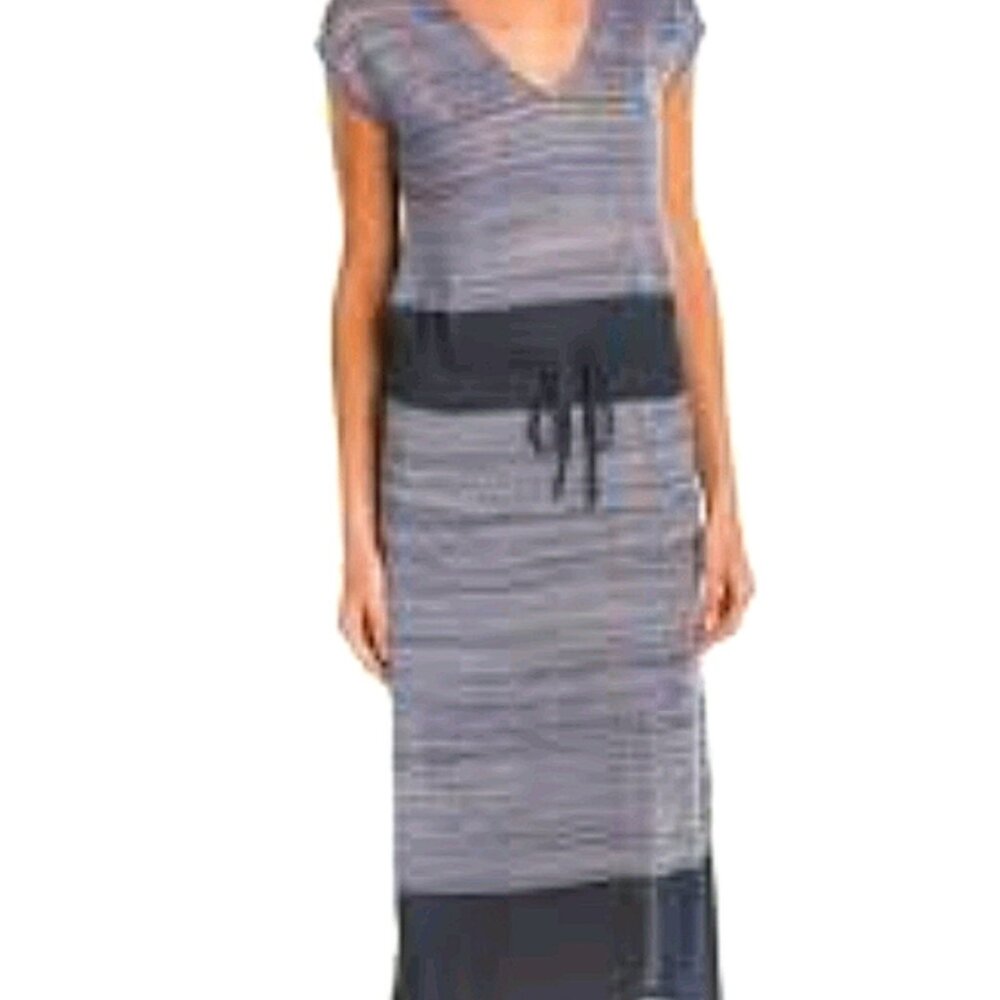 Joan Vass V Neck Easy DressNavy short sleeve knit linen blend maxi 3 16